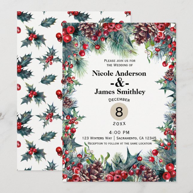 Vinterbröllop Helgdag jul Berries Gräs Cone Inbjudningar (Fram/baksida)