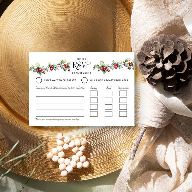 Vinterbröllop Hollly och röda bär Entré OSA Kort (RSVP with Entree Selection from the Holly Bells Wedding Collection by Darling & May)