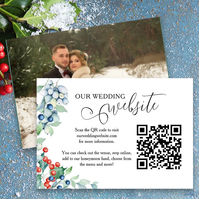 Vinterbröllop Hollybär Bröllopswebbplats Tilläggskort (Wedding website insert card with qr code and full size photo from my Winter Berries wedding suite)