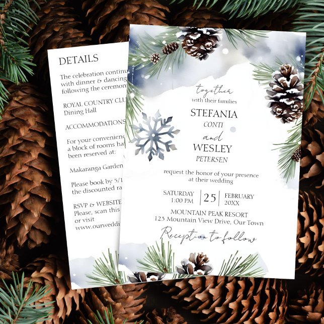 Vinterbröllop i en snöskiva gräs mall (Winter wedding all in one editable template invitation digital download watercolor snowy pines grey)