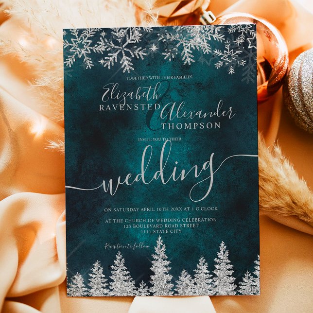 Vinterbröllop i grönten Silver snö, gräs Inbjudningar (Silver snow pine green Christmas winter wedding Invitation)