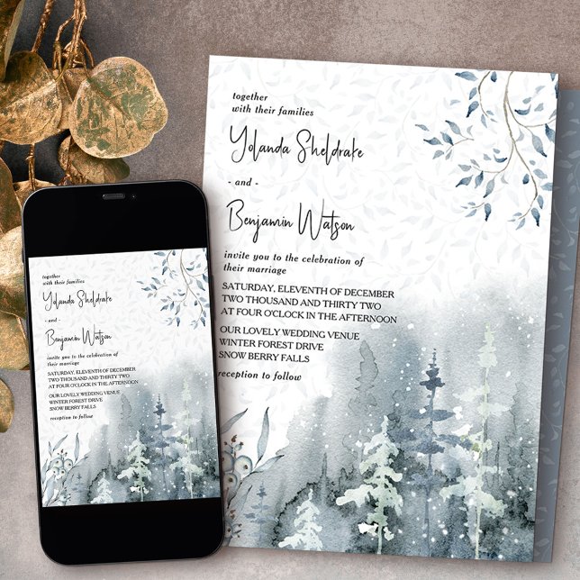 Vinterbröllop i Löv, snö-skogen, ömtåligt  Inbjudningar (Wedding invitation from my Snow Forest Winter Wedding collection)