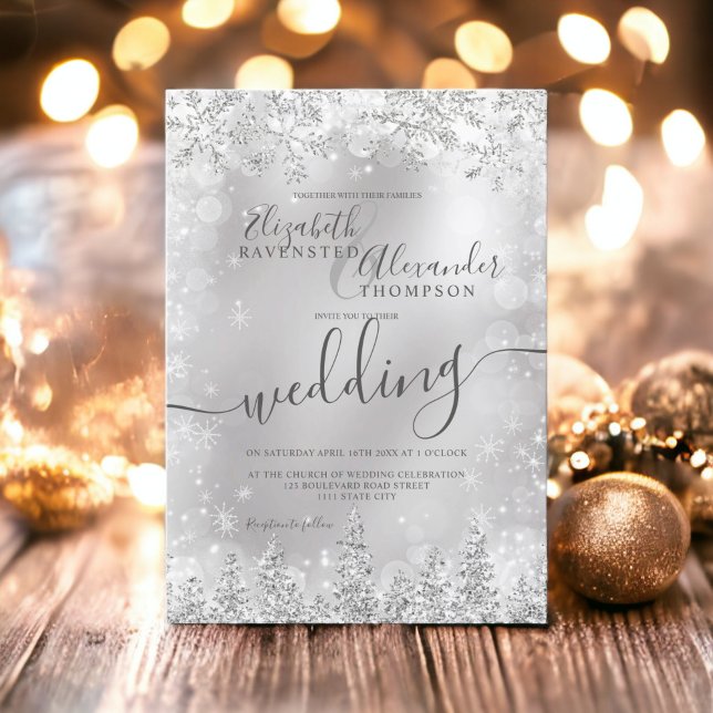 vinterbröllop i Silver grått snö gräs Inbjudningar (Silver gray snow pine Christmas winter wedding Invitation)