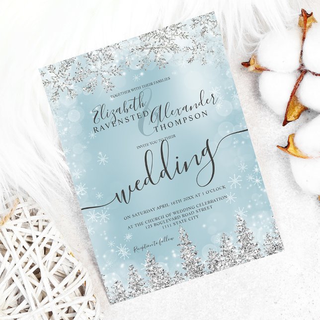 vinterbröllop i silver isblått snö gräs inbjudningar (Silver ice blue snow pine Christmas winter wedding Invitation)