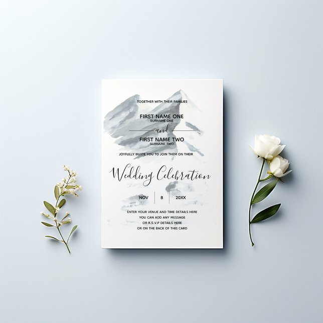 Vinterbröllop Inbjudningar (Serene watercolor mountain landscape in soft, muted grey tones wedding invitation.)
