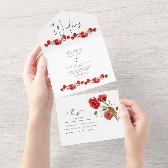 Vinterbröllop med färgad röd Blommigt allt i ett i (Avrivbar del)