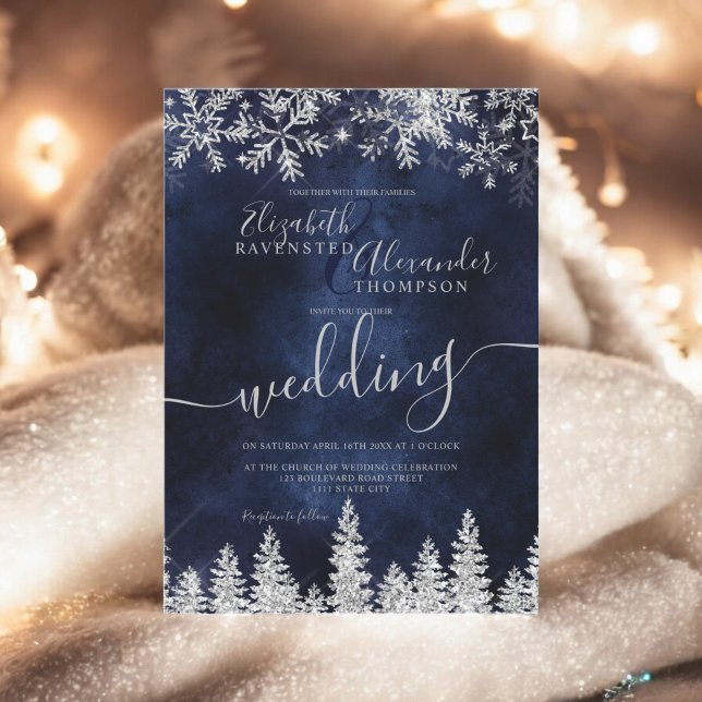 vinterbröllop med marinen Silver snö gräs Inbjudningar (Silver snow pine navy Christmas winter wedding Invitation)