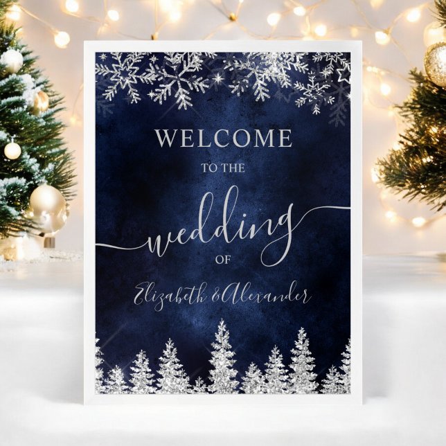 vinterbröllop med marinen Silver snö gräs Poster (Silver snow pine navy Christmas winter wedding Poster)