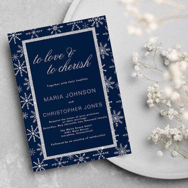 Vinterbröllop med marinkblått silver glitter inbjudningar (Navy blue silver glitter snowflake winter Wedding )