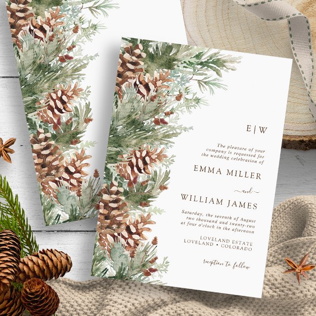 Vinterbröllop med monogram inbjudningar (Monogrammed Outdoor Evergreen Pine White Wedding Invitation by Painted Paperie
)
