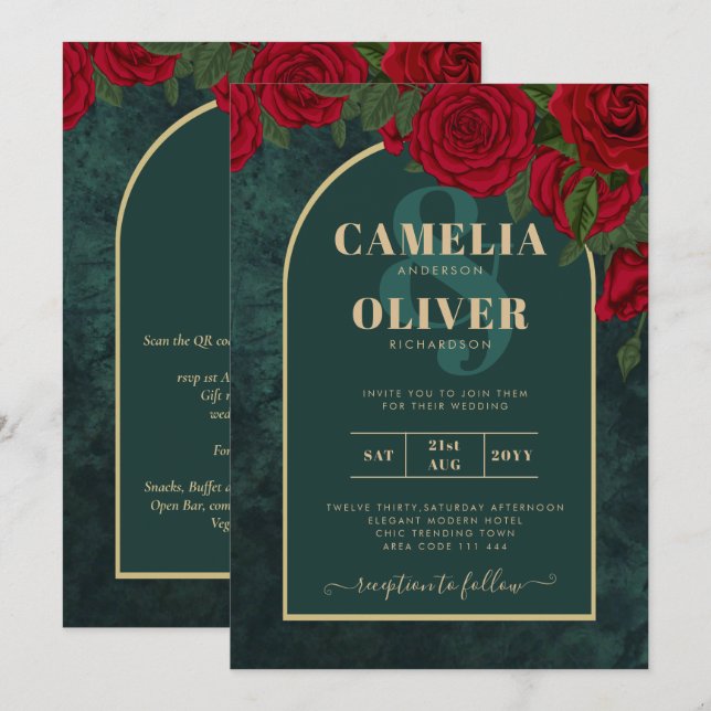 Vinterbröllop mellan Forest Grönt Guld Röd ros Inbjudningar (Fram/baksida)
