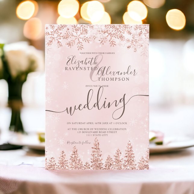 vinterbröllop ro guld snö gräs i inbjudningar (Rose gold snow pine Christmas winter wedding Invitation)