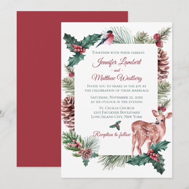 Vinterbröllop Rött julrenar hjort Floral Inbjudningar (Fram/baksida)