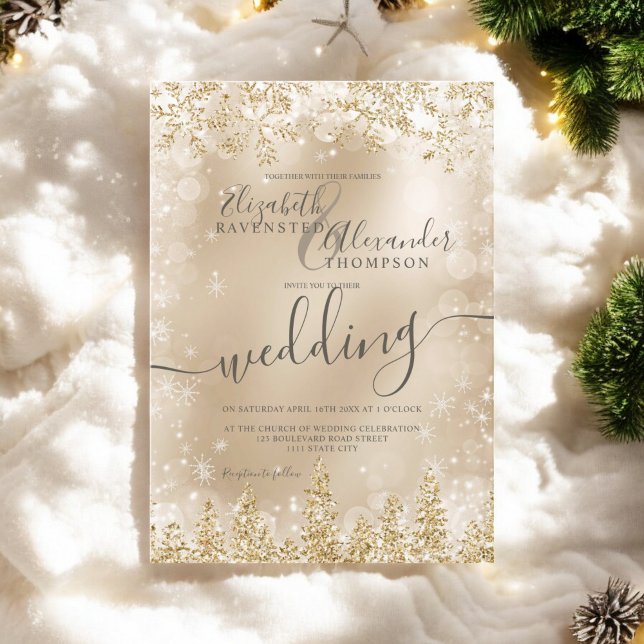 vinterbröllop silver guld snö gräs i inbjudningar (Silver gold snow pine Christmas winter wedding Invitation)