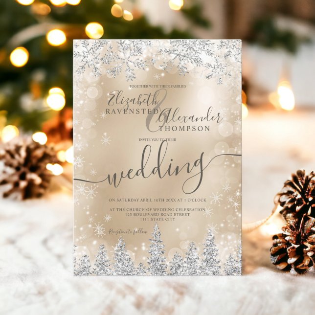 vinterbröllop silver guld snö gräs i inbjudningar (Silver gold snow pine Christmas winter wedding Invitation)