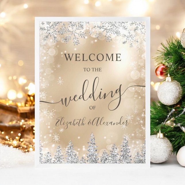 vinterbröllop silver snö gräs guld i poster (Silver snow pine gold Christmas winter wedding Poster)