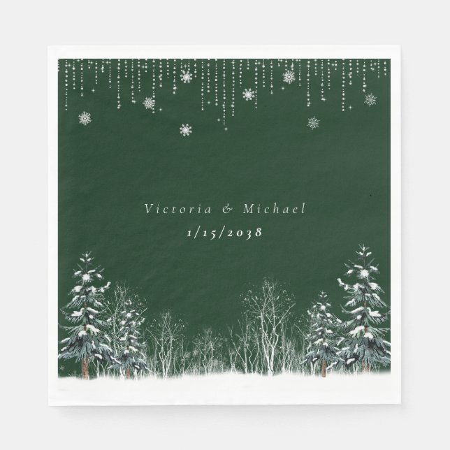 Vinterbröllop Tallar Snöflingor Pappersservett (Framsidan)