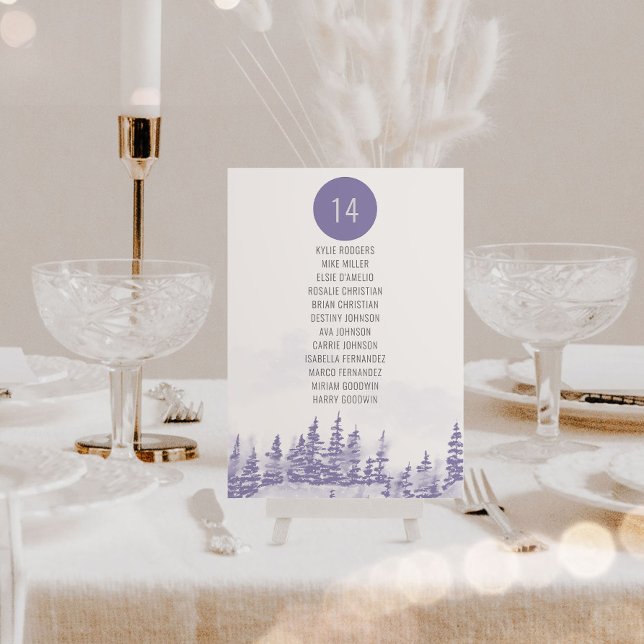 Vinterbröllop Vattenfärg Per Bord Placeringsplan (Wedding Table Seating Chart from my Winter Forest Lavender Wedding Collection)