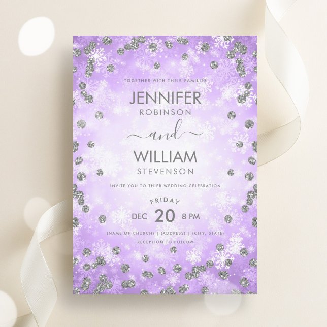 Vinterbröllop vid den framtida Lila Silver Elegant Inbjudningar (Festive Purple Silver Elegant Winter Wedding Invitation)