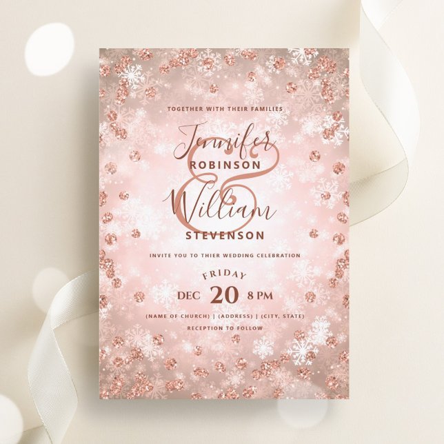 Vinterbröllop vid den kommande Eleganten Guld Glit Inbjudningar (Festive Rose Gold Glitter Elegant Winter Wedding Invitation)