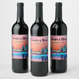 Vinterbröllop vid pittisk sjö med hjortar vinflaska etikett