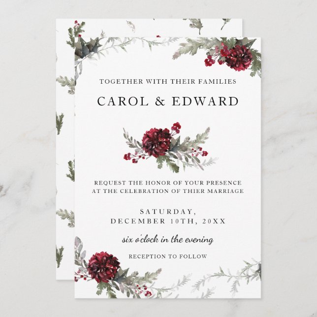 Vinterbröllop Vintage Blommigt jul Stil Inbjudningar (Fram/baksida)