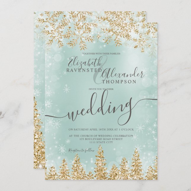 Vinterbröllopet i Guld grönt, snö, gräs Inbjudningar (Fram/baksida)