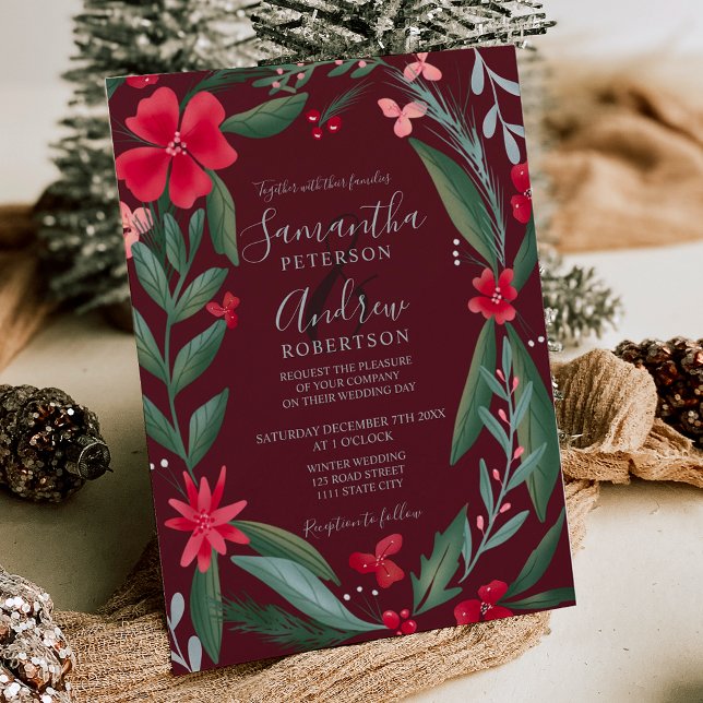 Vinterbröllopet i mönster med rödgrönt blommigt inbjudningar (Red green floral wreath pattern winter wedding invitation )
