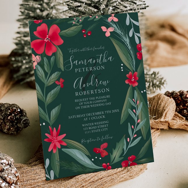 Vinterbröllopet i mönster med rödgrönt blommigt inbjudningar (Red green floral wreath pattern winter wedding invitation)