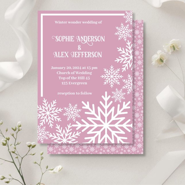 Vinterbröllopets vita snöflingor rosa inbjudningar (Winter wedding white snowflakes pink invitation)