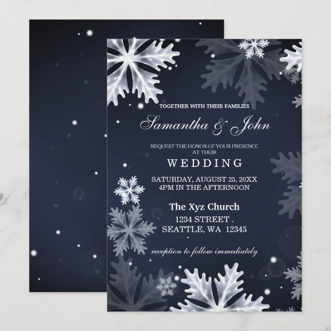 Vinterbröllopsinbjudan för marinblått snöflingor inbjudningar (Fram/baksida)