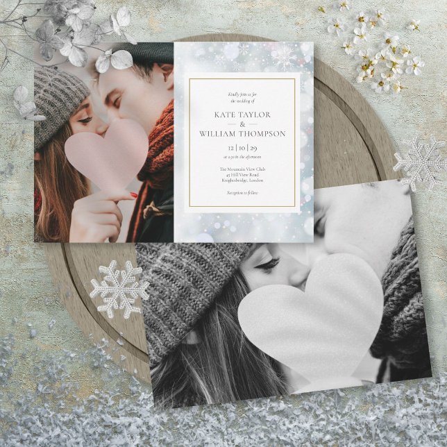 Vinterbröllopsinbjudan med de första snöflingornas inbjudningar (First Snowflakes Photos Winter Wedding Invitation)