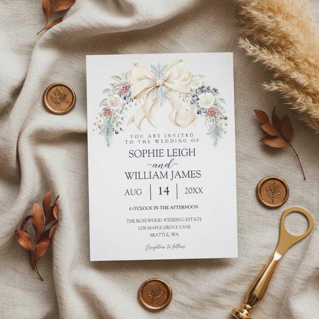 Vinterbröllopsinbjudan med krämfärgad bow och flor inbjudningar (blush and blue wedding invite
personalized winter wedding invite)