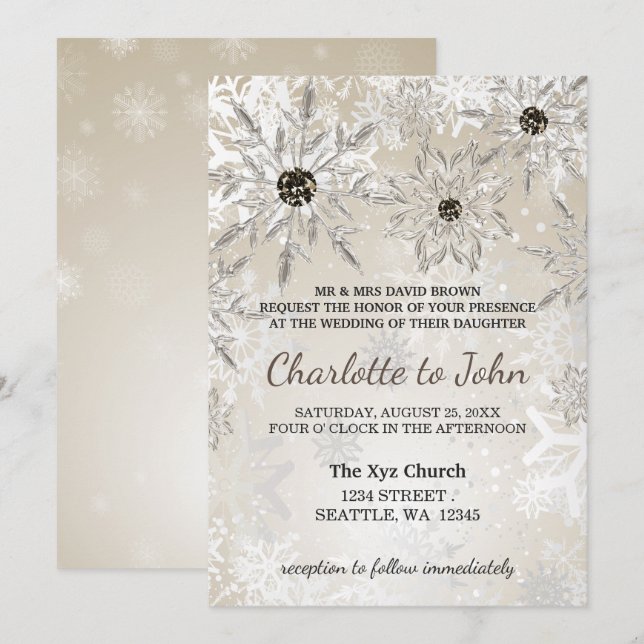 Vinterbröllopsinbjudan till silver guld snöflingor inbjudningar (Fram/baksida)