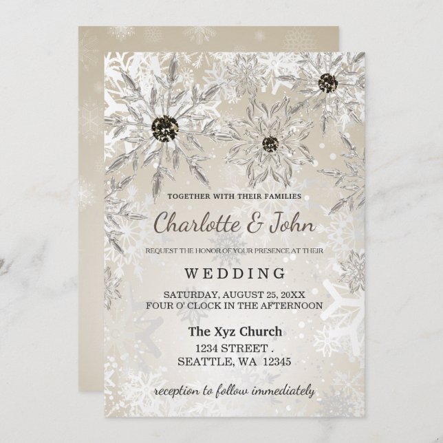 Vinterbröllopsinbjudan till silver guld snöflingor inbjudningar (Fram/baksida)