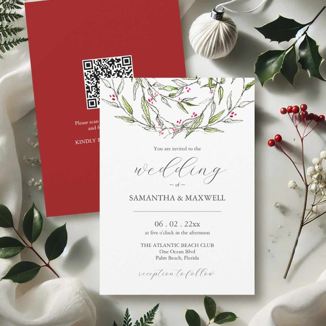 Vinterbröllopsinbjudningar med QR-kod Inbjudningar (Christmas wedding invitations printing with hand painted art by Victoria Grigaliunas Do Tell A Belle)
