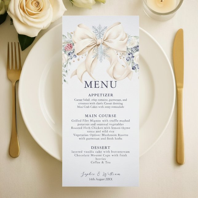 Vinterbröllopsmeny – Crème, slinga & blommor Meny (winter wedding menu)