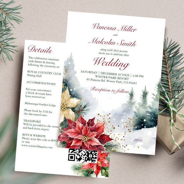 Vinterbröllopspoinsettia gräs alla i en mall (Winter wedding watercolor poinsettia snowy pines all in one template invitation digital download)