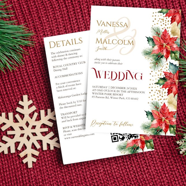 Vinterbröllopspoinsettia guld alla i en mall (Winter wedding watercolor poinsettia red and gold all in one template invitation digital download)