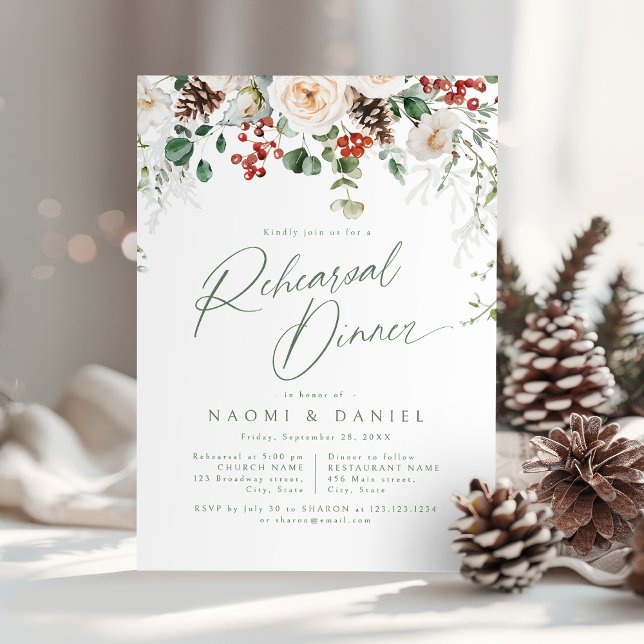 Vinterbröllopsrepetitionens festliga blommiga midd inbjudningar (Festive Floral Winter Wedding Rehearsal Dinner Invitation)