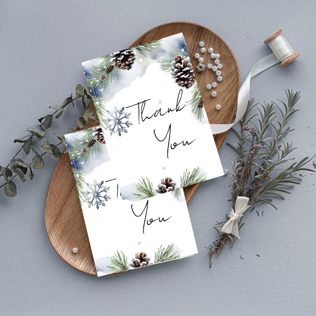 Vinterbröllopssnö gräs tack kort (Winter wedding watercolor snowy pines snowflake thank you card casual font thank you cards)
