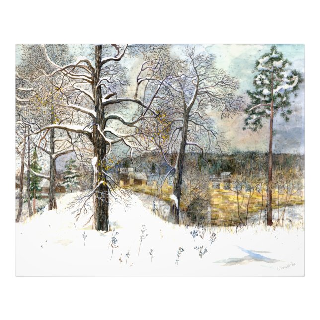 vinterbrygga Vattenfärgmålning Fototryck (Framsidan)