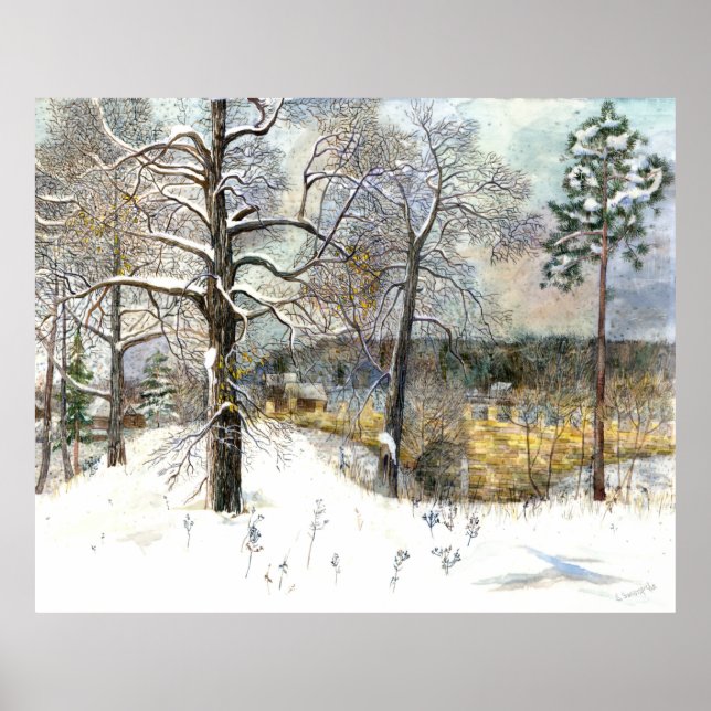 vinterbrygga Vattenfärgmålning Poster (Framsidan)