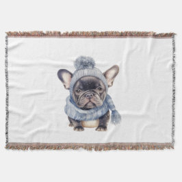 Vinterbulldoggbaby i blå mössa och halsduk filt