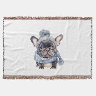 Vinterbulldoggbaby i blå mössa och halsduk filt