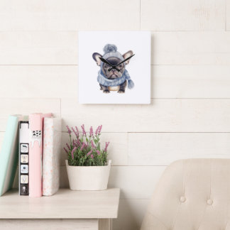 Vinterbulldoggbaby i blå mössa och halsduk fyrkantig klocka