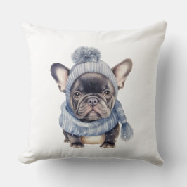 Vinterbulldoggbaby i blå mössa och halsduk kudde