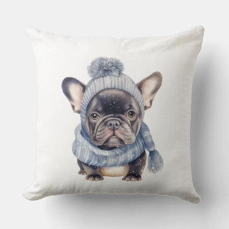 Vinterbulldoggbaby i blå mössa och halsduk kudde