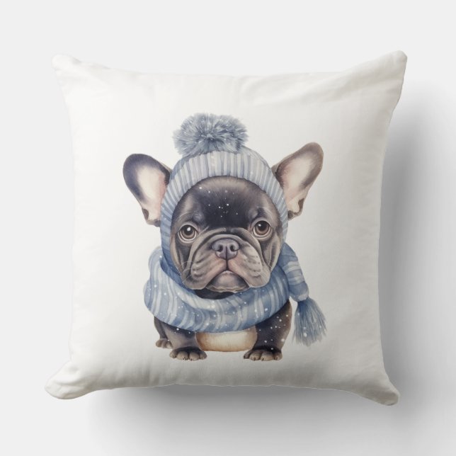 Vinterbulldoggbaby i blå mössa och halsduk  kudde (Framsida)