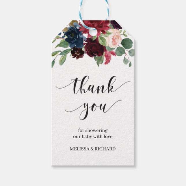 Vinterburgundy boho  rosa blommigt babydusch presentetikett (Framsidan)